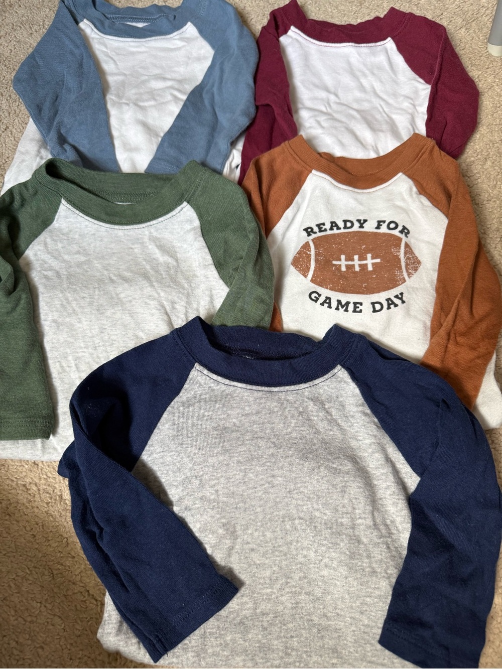 5 carters long sleeve body suits- baseball style and football ready 9 Months